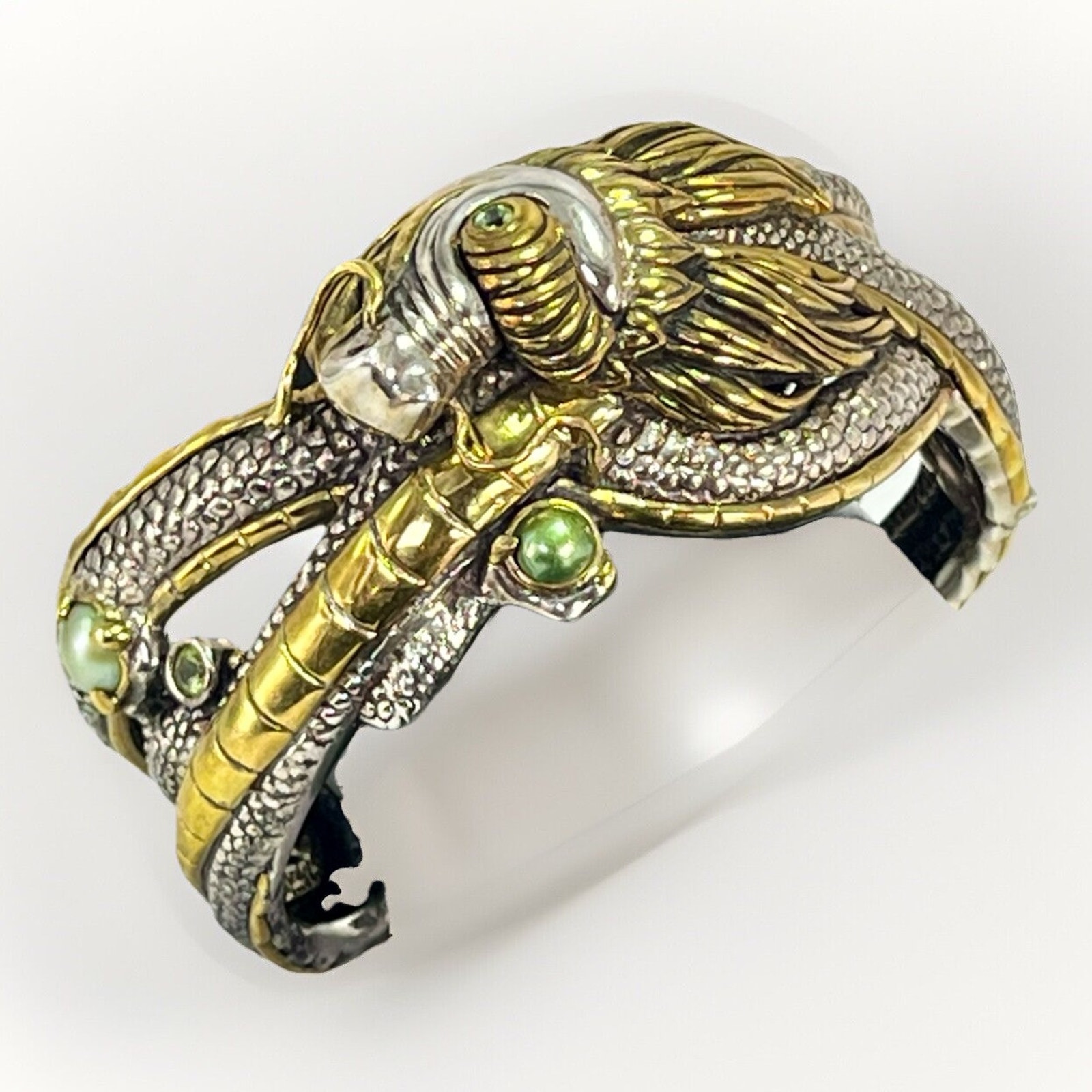 Sterling Silver And Bronze Dragon Cuff W Pearl & Peridot Accents Bracelet- 100g